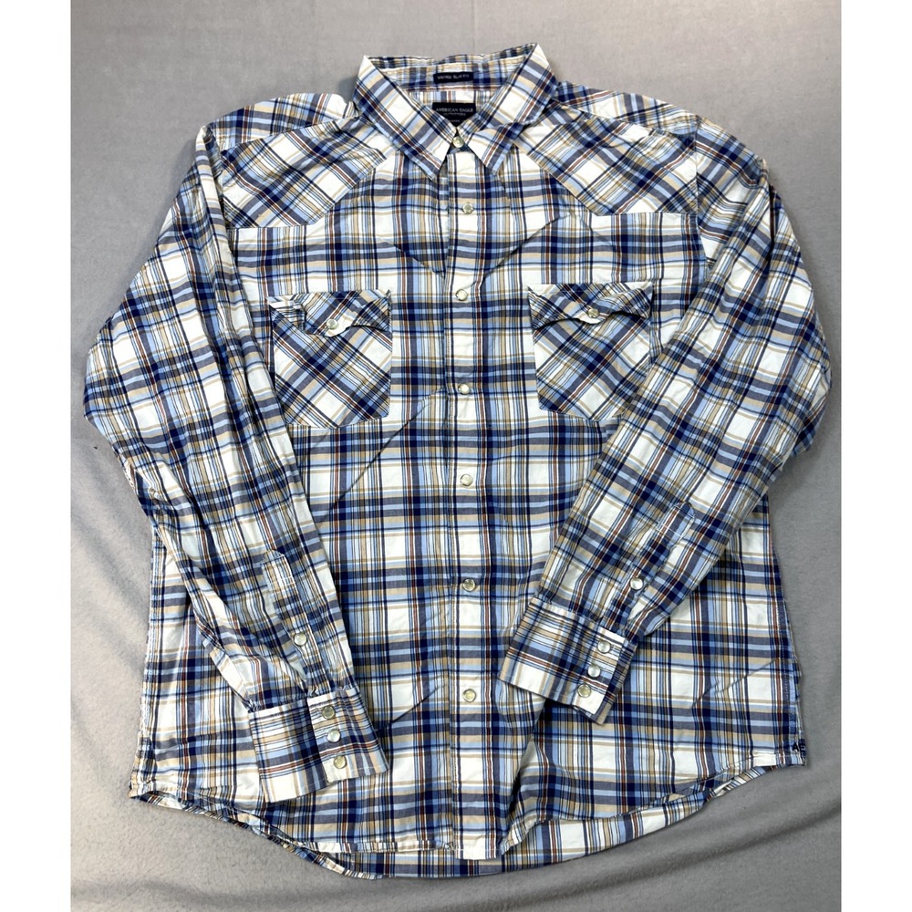 American Eagle Shirt XL Pearl Snap Blue Cream Tan Check‎ Mens Long Sleeve